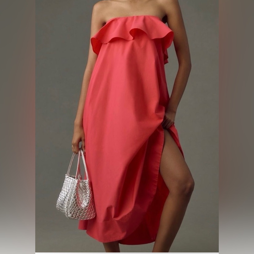 Anthropologie Strapless Ruffle Coral Pink Midi Dress Nwt